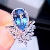 14k Gold 4.38 Ctw Vivid Blue Natural Aquamarine & Diamond Ring