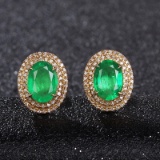 14k Gold 2.88 Ct Vivid Green Natural Emerald & Diamond Earrings