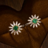 14k Gold 0.54 Ctw Vivid Green Natural Emerald & Diamond Earrings