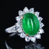14k Gold 6.61 Ctw Vivid Green Natural Emerald & Diamond Ring