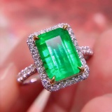 14k Gold 3.44 Ctw Vivid Green Natural Emerald & Diamond Ring