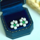 14k Gold 0.22 Ct Vivid Green Natural Emerald & Diamond & Pearl Earrings
