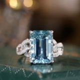 14k Gold 7.06 Ctw Natural Aquamarine & Diamond Ring