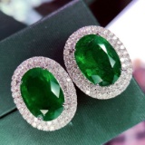 14k Gold 9.82 Ctw Vivid Green Natural Emerald & Diamond Earrings
