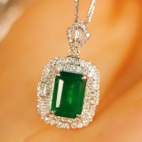 14k Gold 2.16 Ctw Vivid Green Natural Emerald & Diamond Necklace
