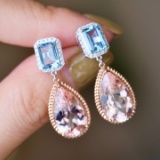 14k Gold 9.34 Ctw Natural Morganite & Aquamarine Earrings