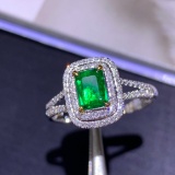 14k Gold 0.77 Ctw Vivid Green Natural Emerald & Diamond Ring