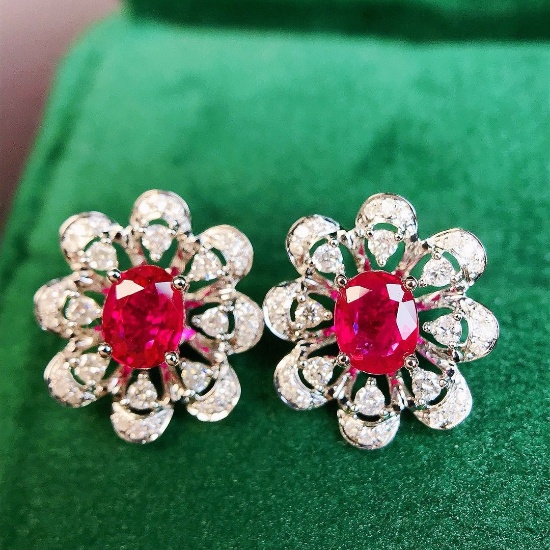 14k Gold 1.20 Ctw Vivid Red Natural Ruby & Diamond Earrings