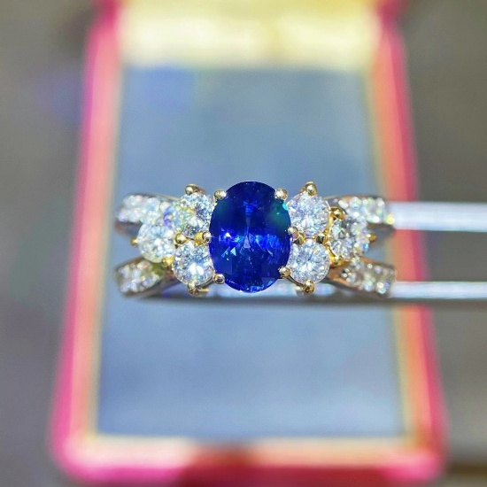 14k Gold 2.41 Ctw Vivid Blue Natural Sapphire & Diamond Ring