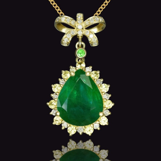 14k Gold 3.78 Ctw Vivid Green Natural Emerald & Diamond Pendant
