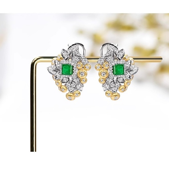 14k Gold 2.67 Ctw Vivid Green Natural Emerald & Diamond Earrings