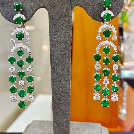 14k Gold 6.82 Ctw Vivid Green Natural Emerald & Diamond Earrings