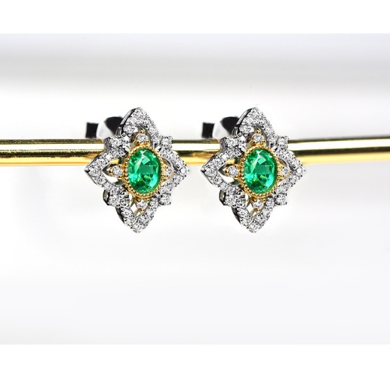 14k Gold 1.2 Ctw Vivid Green Natural Emerald & Diamond Earrings