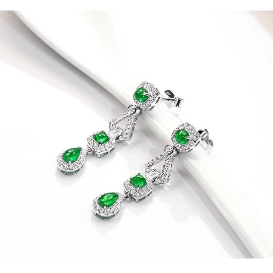 14k Gold 1.85 Ctw Vivid Green Natural Emerald & Diamond Earrings