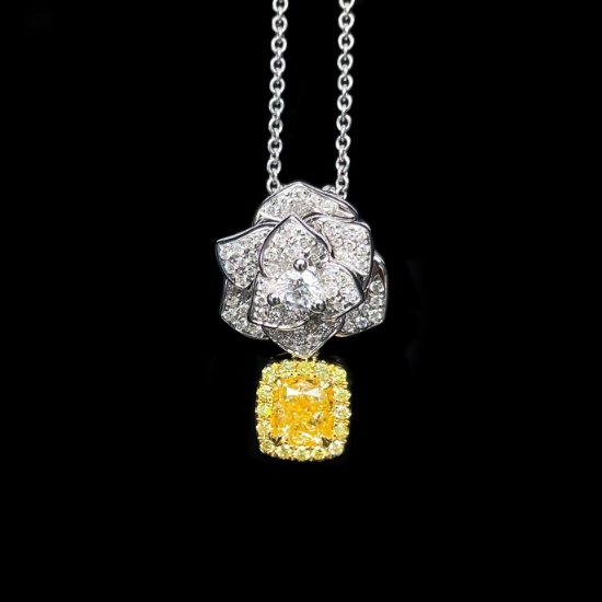 14k Gold 0.72 Ct Natural Yellow Diamond & Diamond & Flowers Pendant