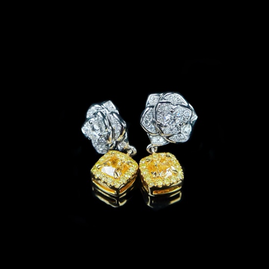 14k Gold 0.83 Ct Natural Yellow Diamond & Diamond & Flowers Earrings