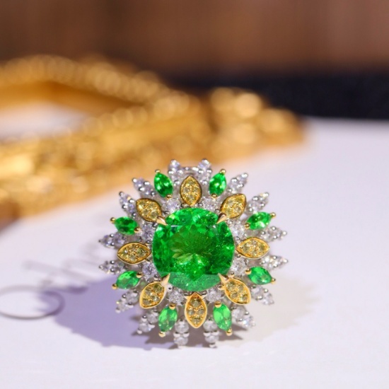 14k Gold 4.30 Ctw Vivid Green Natural Tsavorite & Diamond Ring/pendant