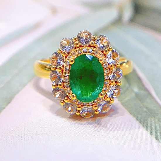 14k Gold 1 Ct Vivid Green Natural Emerald & Diamond & Sapphire Ring/pendant
