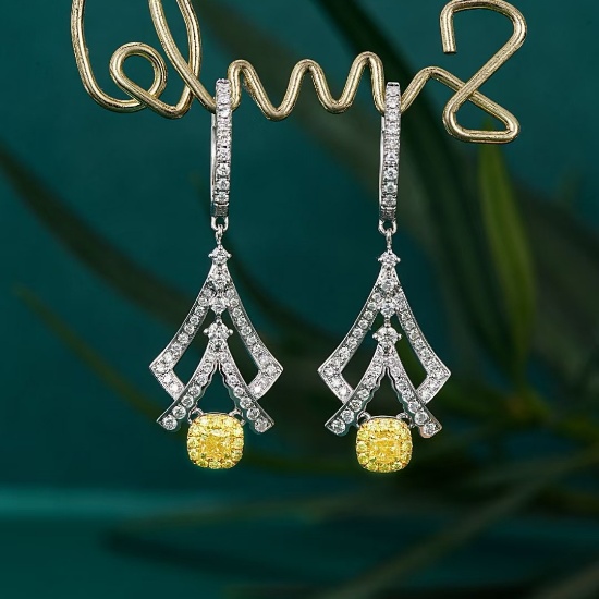 14k Gold 0.97 Ctw Natural Yellow Diamond & Diamond Earrings