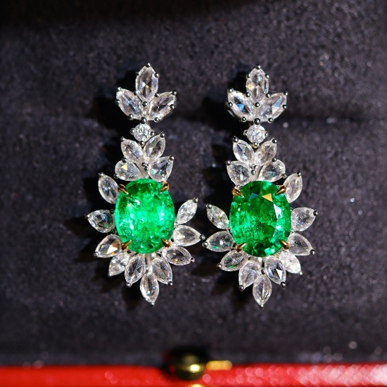 14k Gold 4.88 Ctw Vivid Green Natural Emerald & Diamond Earrings