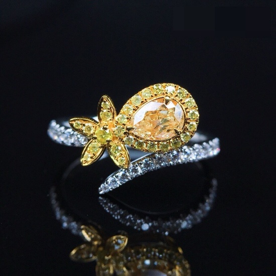 14k Gold 0.42 Ct Natural Yellow Diamond & Diamond Ring