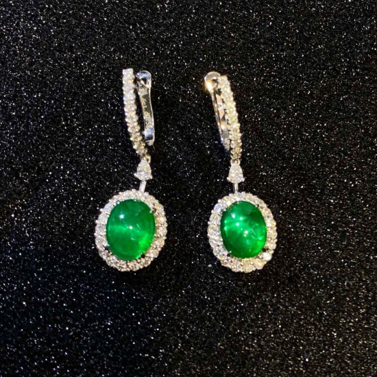 14k Gold 4.18 Ctw Vivid Green Natural Emerald & Diamond Earrings