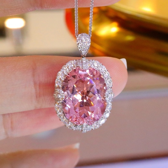 14k Gold 7.24 Ctw Natural Morganite & Diamond Pendant