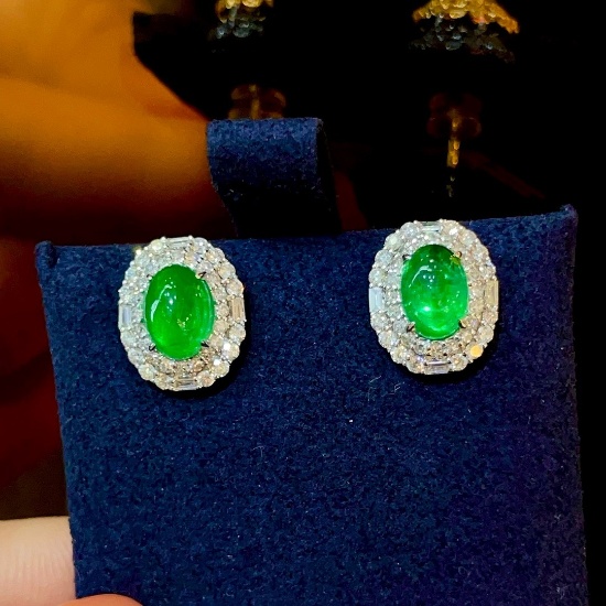 14k Gold 2.69 Ctw Vivid Green Natural Emerald & Diamond Earrings