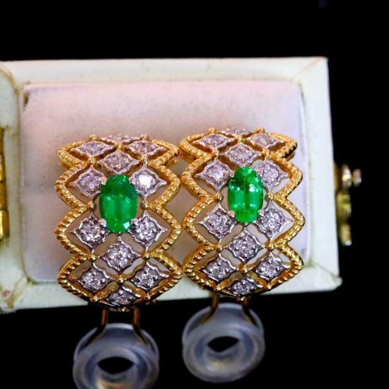14k Gold 0.76 Ctw Vivid Green Natural Emerald & Diamond Earrings