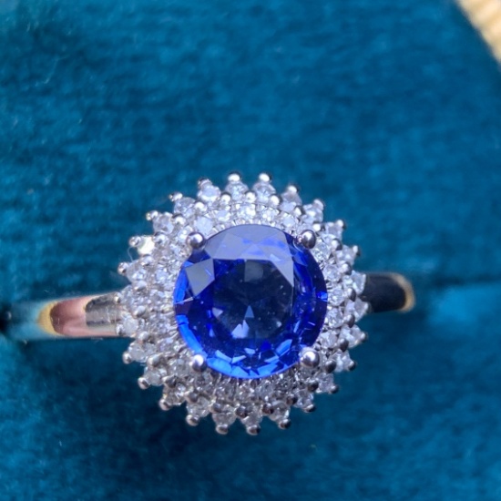 14k Gold 1.10 Ct Vivid Blue Natural Sapphire & Diamond Ring