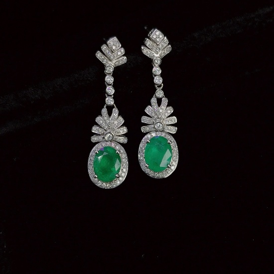 14k Gold 2.60 Ct Vivid Green Natural Emerald & Diamond Earrings