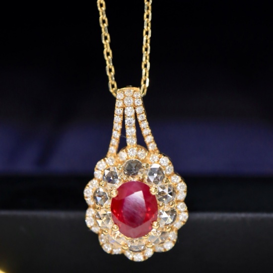 14k Gold 1.56 Ctw Vivid Red Natural Ruby & Diamond Pendant