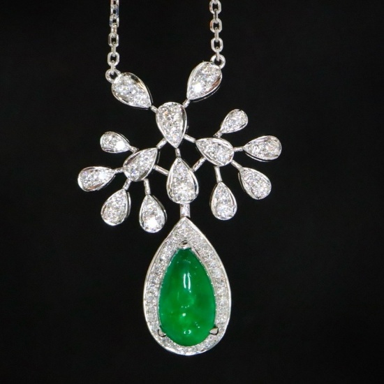 14k Gold 3.51 Ctw Vivid Green Natural Emerald & Diamond Necklace