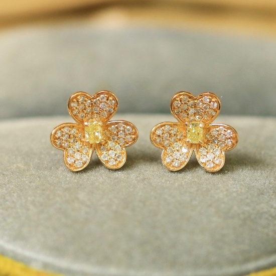 14k Gold 0.52 Ctw Natural Yellow Diamond & Diamond Earrings