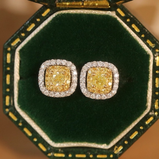 14k Gold 0.74 Ctw Natural Yellow Diamond & Diamond Earrings