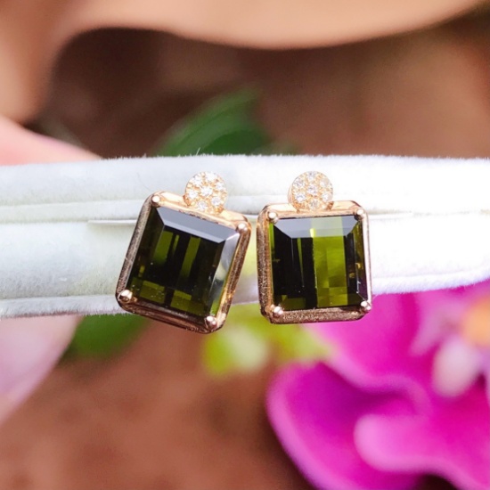 14k Gold 3.6 Ct Natural Tourmaline & Diamond Earrings