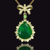 14k Gold 3.78 Ctw Vivid Green Natural Emerald & Diamond Pendant