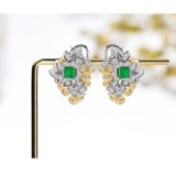 14k Gold 2.67 Ctw Vivid Green Natural Emerald & Diamond Earrings