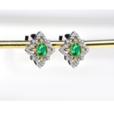 14k Gold 1.2 Ctw Vivid Green Natural Emerald & Diamond Earrings