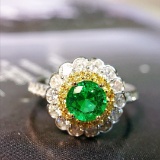 14k Gold 1.43 Ctw Vivid Green Natural Emerald & Diamond Ring