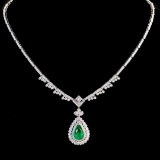 14k Gold 5.03 Ctw Vivid Green Natural Emerald & Diamond Necklace