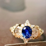 14k Gold 0.97 Ctw Vivid Blue Natural Sapphire & Diamond Ring