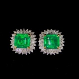 14k Gold 3.28 Ctw Vivid Green Natural Emerald & Diamond Earrings