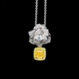 14k Gold 0.72 Ct Natural Yellow Diamond & Diamond & Flowers Pendant
