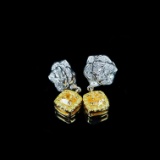 14k Gold 0.83 Ct Natural Yellow Diamond & Diamond & Flowers Earrings