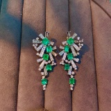 14k Gold 4.40 Ctw Vivid Green Natural Emerald & Diamond Earrings