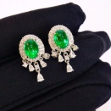 14k Gold 3.11 Ctw Vivid Green Natural Emerald & Diamond Earrings