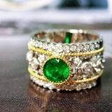 14k Gold 0.92 Ctw Vivid Green Natural Emerald & Diamond Ring