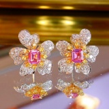 14k Gold 2.02 Ctw Natural Padparadscha Sapphire & Diamond & Flowers Earrings