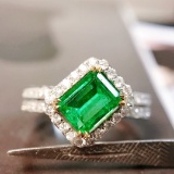 14k Gold 2.08 Ctw Vivid Green Natural Emerald & Diamond Ring